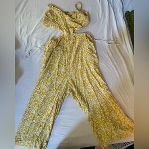 Aerie Yellow and White Floral Jumpsuit with cut outs